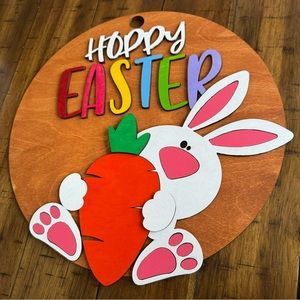 Hang Crafted Wooden " Happy Easter” Bunny With Carrot Door Hanger
